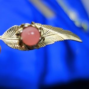 Vtg Brassy Gold Leaf Pin with Pink Stone